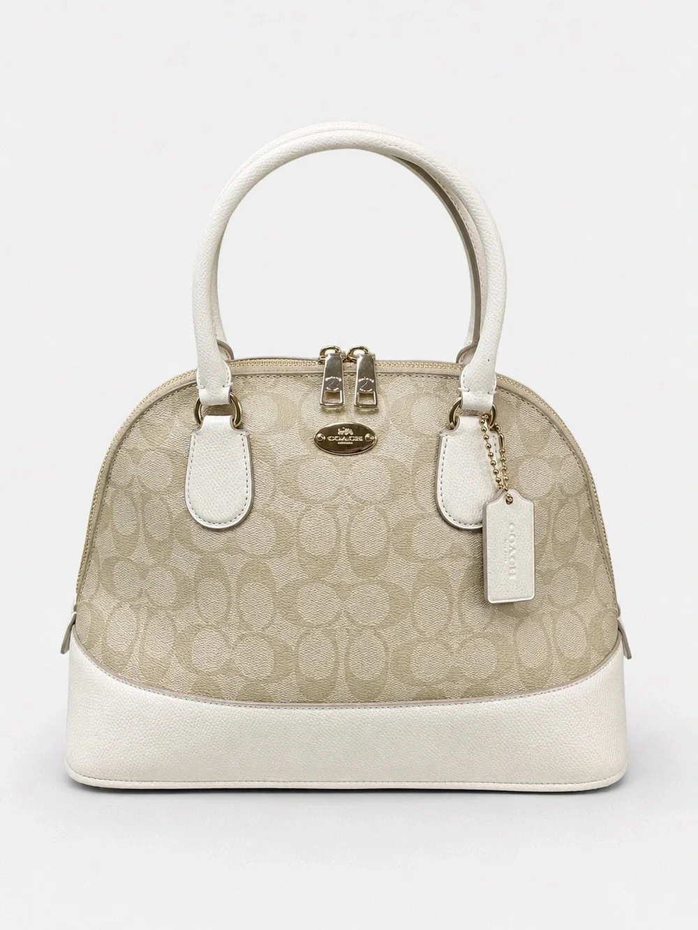 2014 Coach Signature Dome Satchel Purse Beige Ivory Canvas Leather Handbag